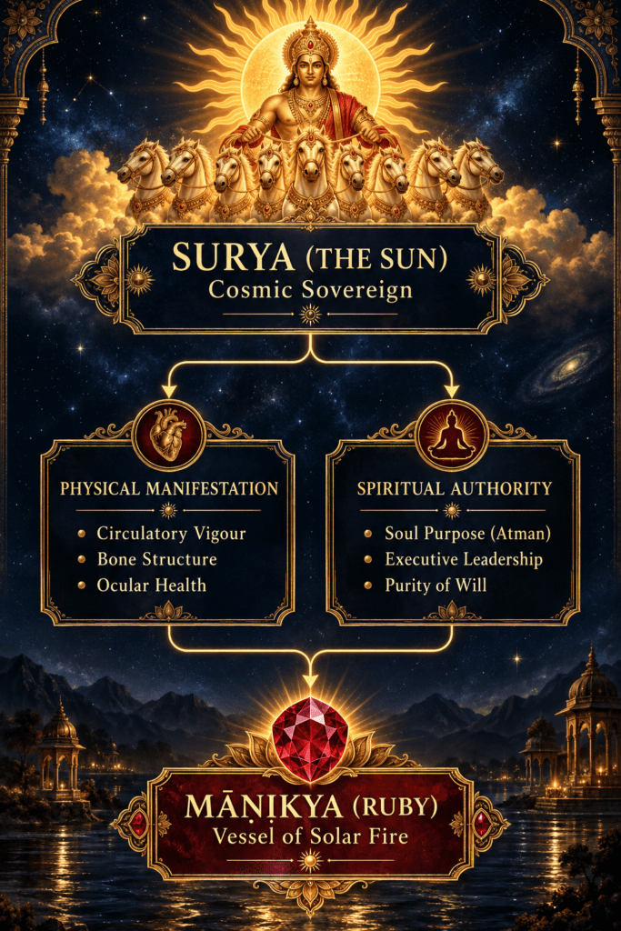 Infographic connecting surya the hindu sun deity with physical vitality spiritual authority and māṇikya ruby as a vessel of solar fire