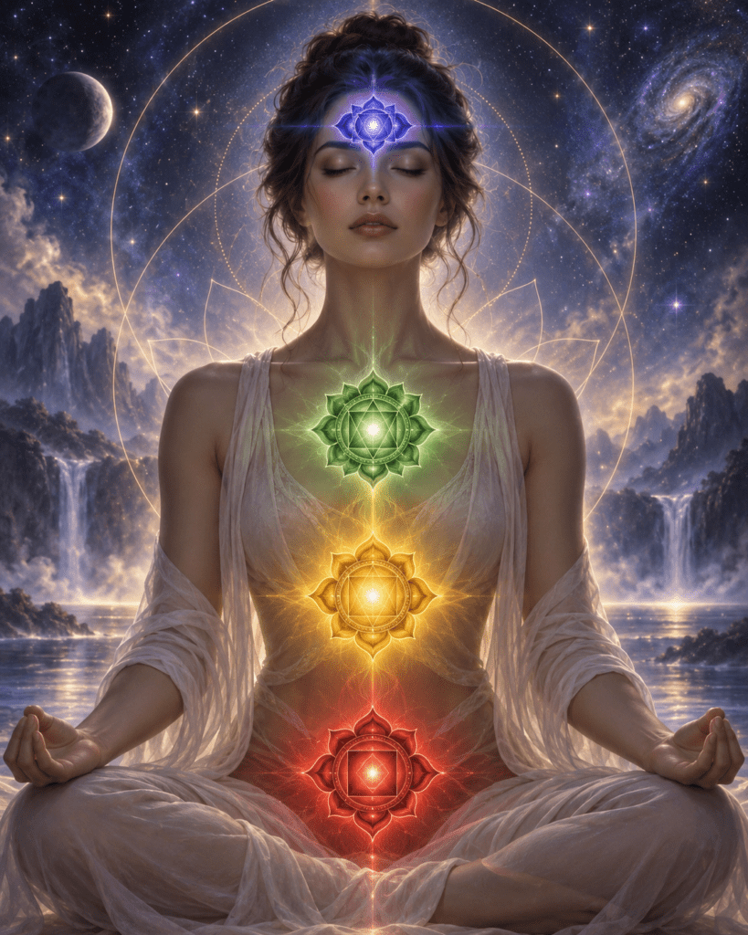 Third eye heart solar plexus and root chakras sians emporium Meditating figure showing the third eye heart solar plexus and root chakras glowing in their traditional indigo green yellow and red colours