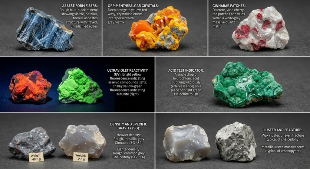 Visual identification guide displaying rough mineral specimens uv reactivity acid testing on malachite and specific gravity differences for spotting toxic stones