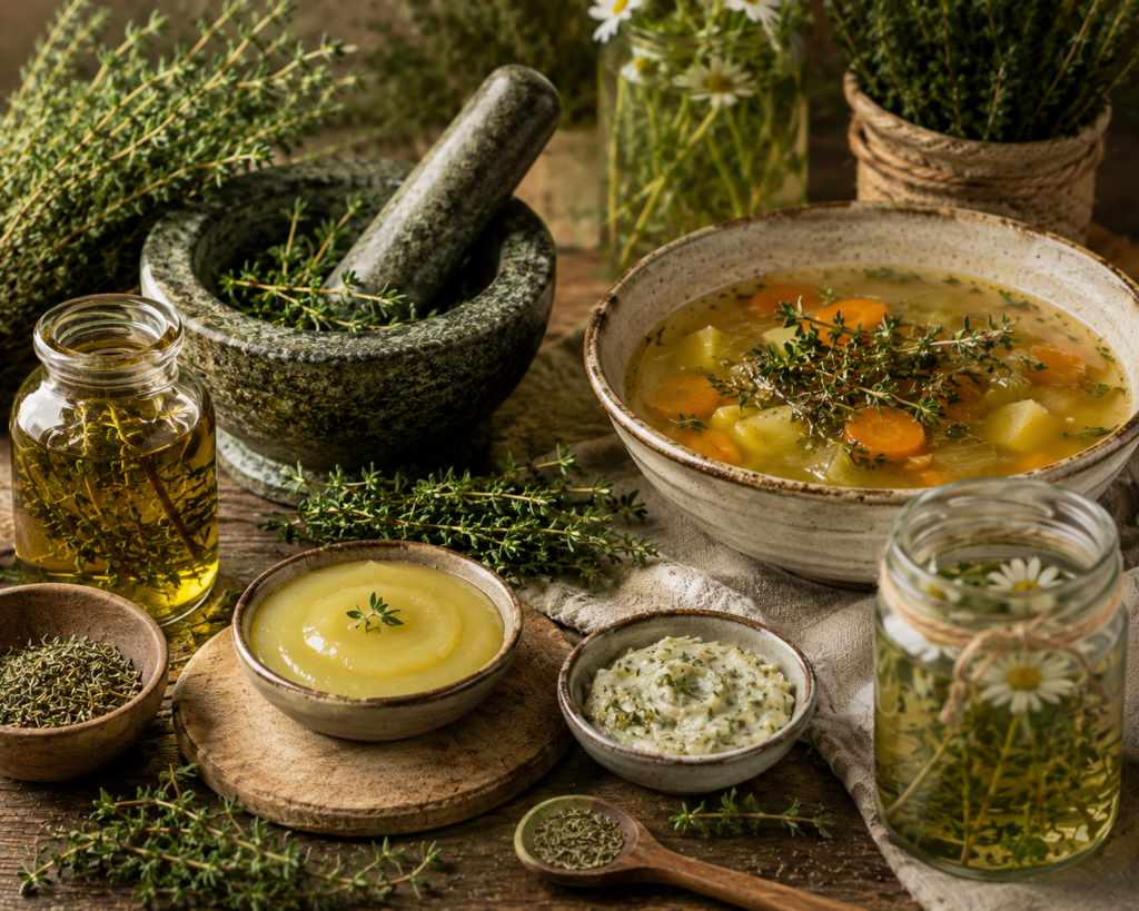 Rustic collection of traditional herbal thyme recipes with fresh thyme herbal infusion infused oil vegetable broth and mortar and pestle