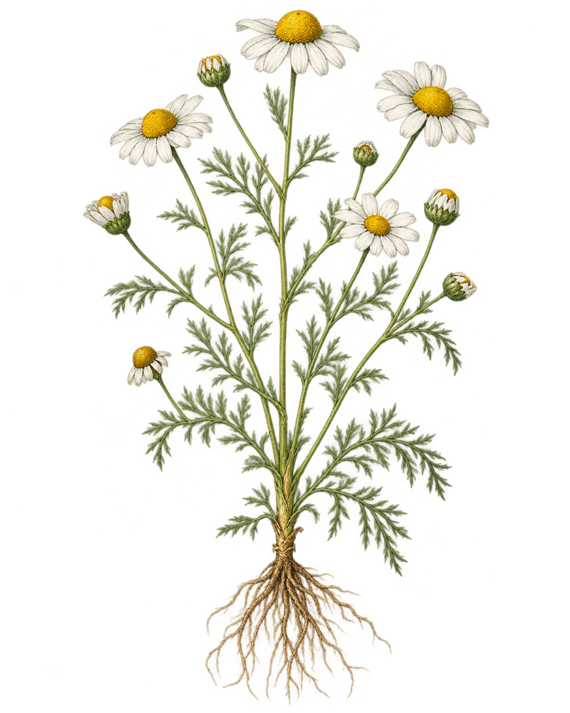 Victorian chamomile botanical illustration with roots sians emporium Chamomile plant with white daisy like flowers yellow centers feathery green leaves and visible roots
