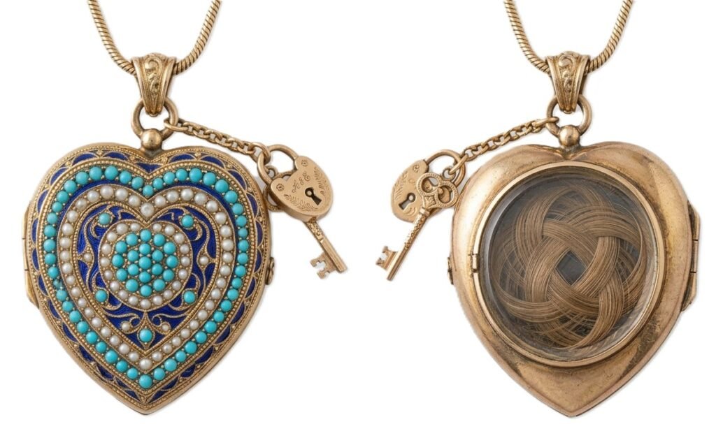 Victorian gold heart locket with pavé turquoise seed pearls and mourning hairwork compartment sians emporium Two gold heart shaped lockets on chains one closed with turquoise beading and blue enamel the other open showing its woven interior and small attached keys