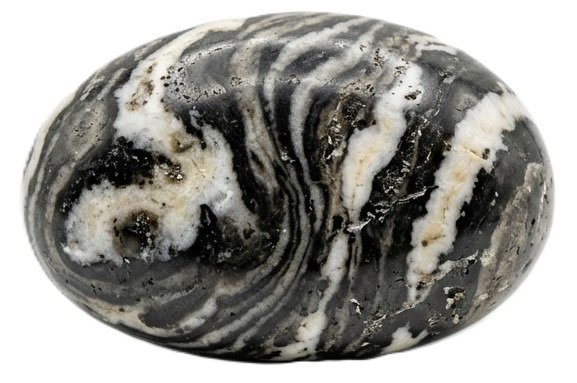 Polished zebra jasper pebble astrological balance yin yang sians emporium Polished zebra jasper oval palm stone displaying high contrast swirled black and white sedimentary banding