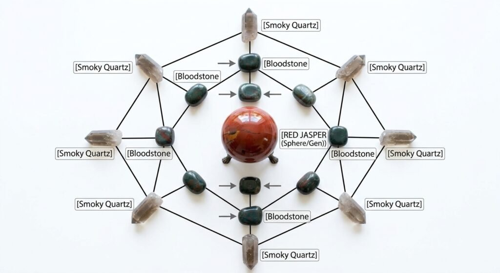 Smoky quartz and bloodstone star tetrahedron crystal grid schematic with central red jasper sphere sians emporium A geometric star tetrahedron crystal grid schematic on a white background featuring labels like smoky quartz bloodstone and red jasper spheregen to identify the positions of twelve specific crystals including a central red jasper sphere on a stand