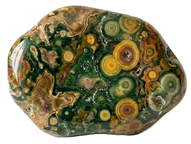 generatedimage4yue984yue984yue sians emporium Polished madagascar ocean jasper stone displaying distinct concentric orbicular eyes and circular patterns in shades of green yellow ochre and red
