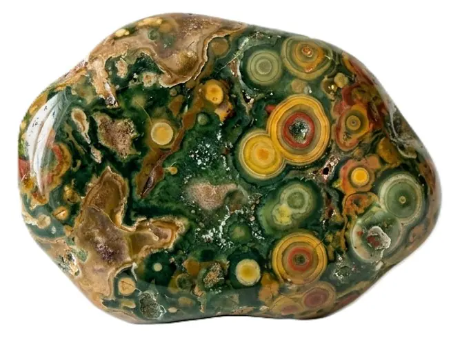 Polished madagascar ocean jasper stone displaying distinct concentric orbicular eyes and circular patterns in shades of green yellow ochre and red
