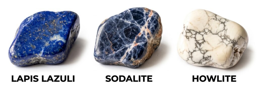 A photograph of three polished natural stoneslapis lazuli sodalite and howliteresting side by side on a seamless bright white background Each stone is clearly labeled underneath in bold black capital letters'LAPIS LAZULI' (on the left, deep blue with golden pyrite flecks), 'SODALITE' (in the center, mottled dark blue and white with reddish-brown veins), and 'HOWLITE' (on the right, off-white with dark grey webbing and natural fissures). The image is shot from a slightly high-angled, close-up perspective with soft, natural natural light casting subtle shadows on the ground