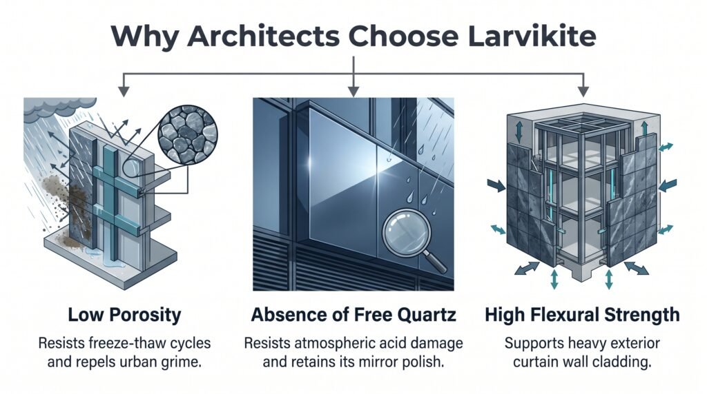 Architectural benefits of larvikite cladding sians emporium Infographic titled why architects choose larvikite on a white background featuring three illustrated architectural columns low porosity resisting freeze thaw and grime absence of free quartz resisting acid damage and retaining mirror polish and high flexural strength supporting heavy exterior curtain wall cladding