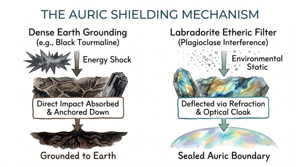 An infographic on a white background titled'THE AURIC SHIELDING MECHANISM' explaining Dense Earth Grounding using Black Tourmaline against Energy Shock on the left, and Labradorite Etheric Filter deflecting Environmental Static to seal the Auric Boundary on the right
