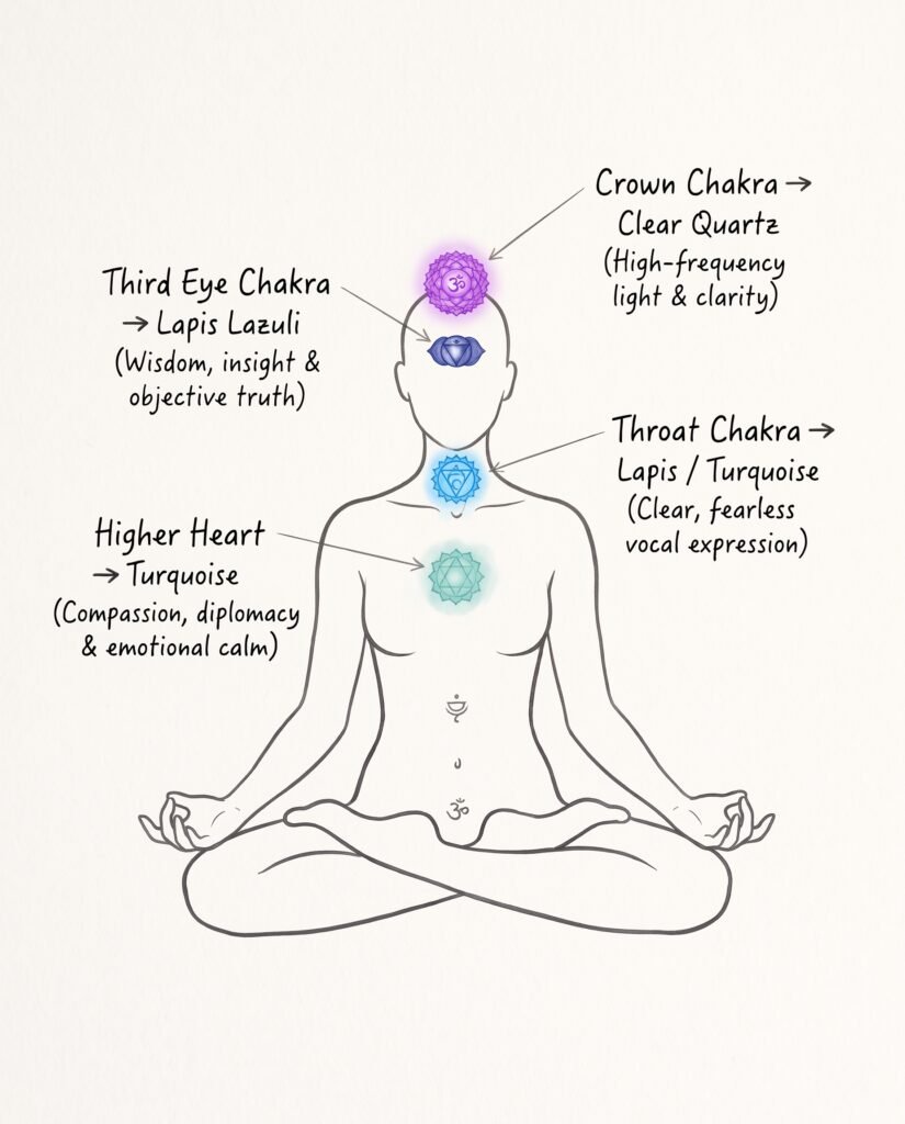 Human body chakra and crystal healing association diagram sians emporium A hand drawn outline of a human body in a meditative sitting pose on white paper showing the crown violet third eye indigo throat blue and higher heart turquoise chakras connected by pointers to their corresponding crystals clear quartz lapis lazuli and turquoise along with their healing properties