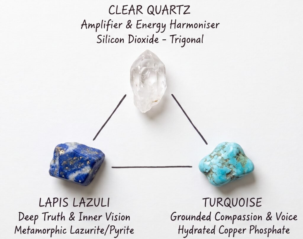 Clear quartz lapis lazuli and turquoise crystal triad diagram sians emporium A top down photograph of three natural crystalsclear quartz lapis lazuli and turquoisearranged in a hand drawn triangle on a white paper background with handwritten scientific and healing properties