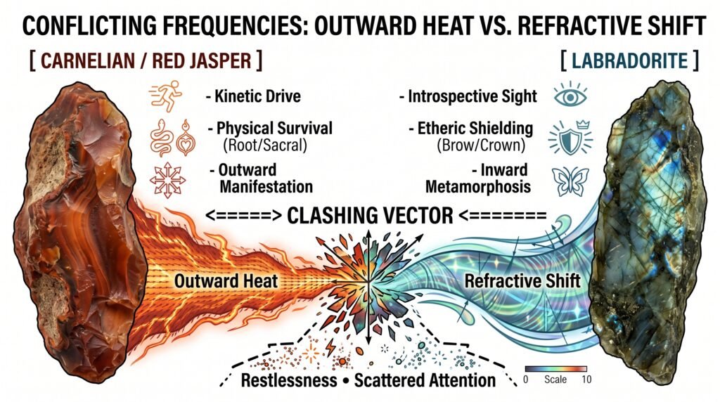 An academic infographic on a white background comparing the conflicting energy frequencies of a single rough carnelian and red jasper stone left and a single raw labradorite stone right On the left the orange red'Outward Heat' column lists Kinetic Drive, Physical Survival, and Outward Manifestation. On the right, the blue-green 'Refractive Shift' column lists Introspective Sight, Etheric Shielding, and Inward Metamorphosis. Colorful force vectors and wave interference patterns clash in the center at a 'CLASHING VECTOR' intersection, resulting in 'Restlessness • Scattered Attention' at the bottom, shown with a data-driven scatter plot.