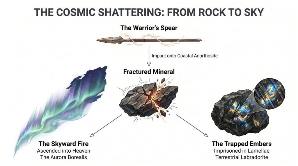 The cosmic shattering mythic and scientific flowchart of labradorite formation sians emporium An academic infographic on a white background titled the cosmic shattering from rock to sky a vertical flowchart begins with the warriors spear pointing at an impact zone labeled impact onto coastal anorthosite this connects to a central illustration of a dark splintering fractured mineral two arrows branch downward on the left a stream of glowing green and purple northern lights labeled the skyward fire ascended into heaven the aurora borealis on the right a dark raw rock with iridescent blue and gold veins labeled the trapped embers imprisoned in lamellae terrestrial labradorite with a circular inset zooming in on the mineral's banded micro-structures