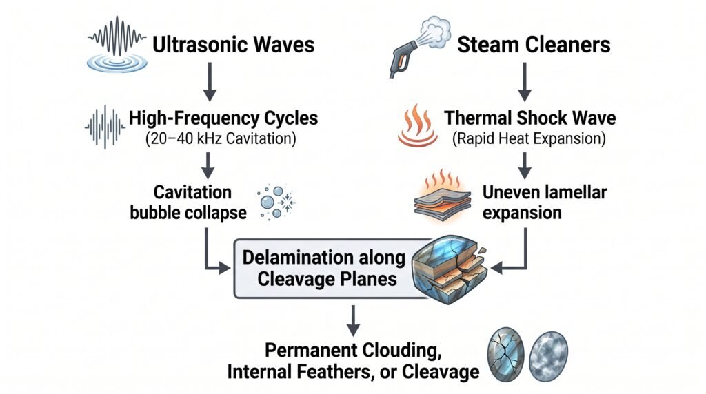 Flowchart diagram showing how ultrasonic waves and steam cleaners cause delamination fracturing and permanent clouding in feldspar gemstones like labradorite moonstone and larvikite