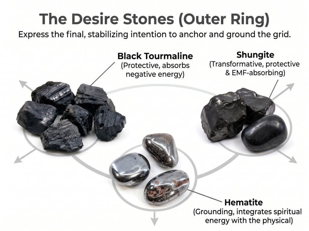 The desire stones outer ring for stability grounding sians emporium An infographic on a white background showing the desire stones of a crystal grid featuring clusters of black tourmaline tumbled haematite and chunks of shungite