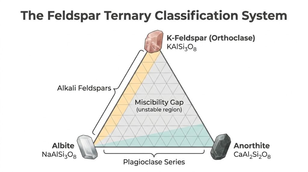 A geological diagram of the feldspar ternary classification system showing the relationships between k feldspar orthoclase albite and anorthite on a triangular mineral phase grid with photographic rock specimens