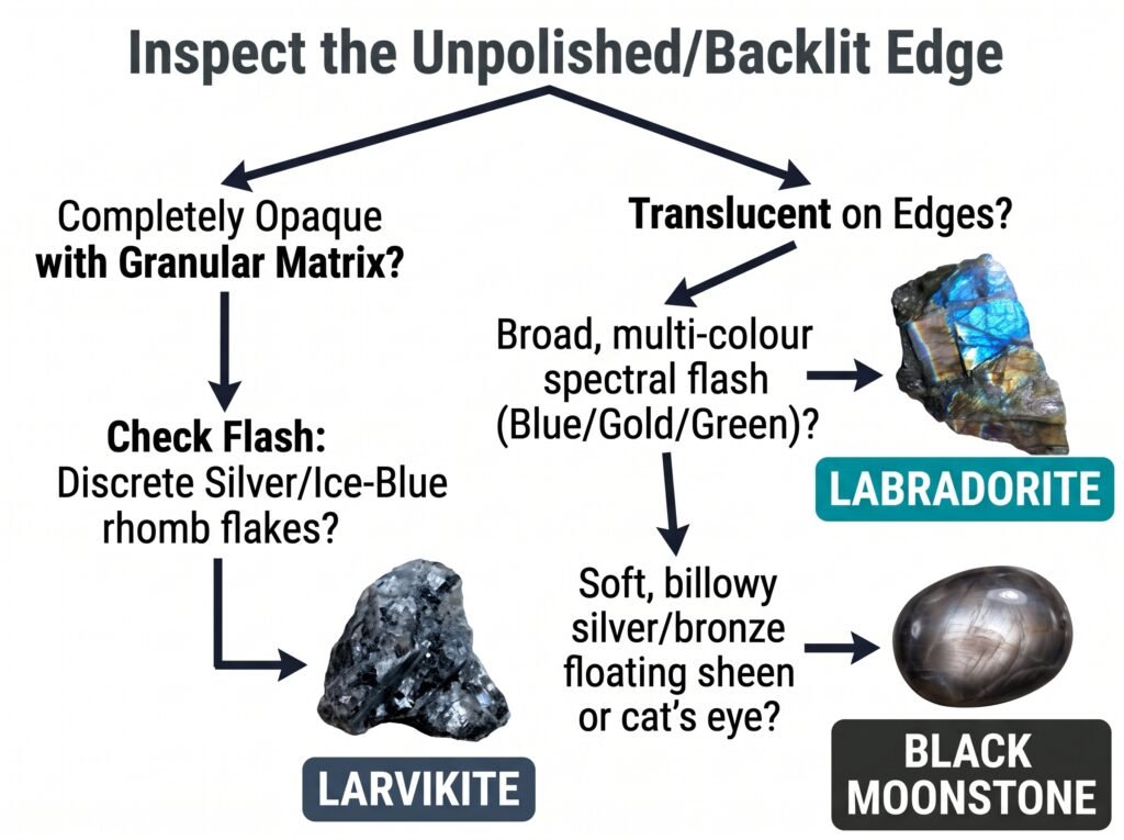 A geological flowchart identifying minerals based on their unpolished or backlit edge routing opaque and translucent characteristics to larvikite labradorite and black moonstone with photorealistic rock specimen images