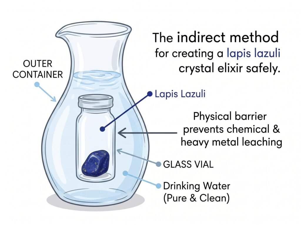 Diagram illustrating the indirect crystal elixir method using a dry lapis lazuli stone sealed in a glass vial submerged in clean drinking water to prevent leaching