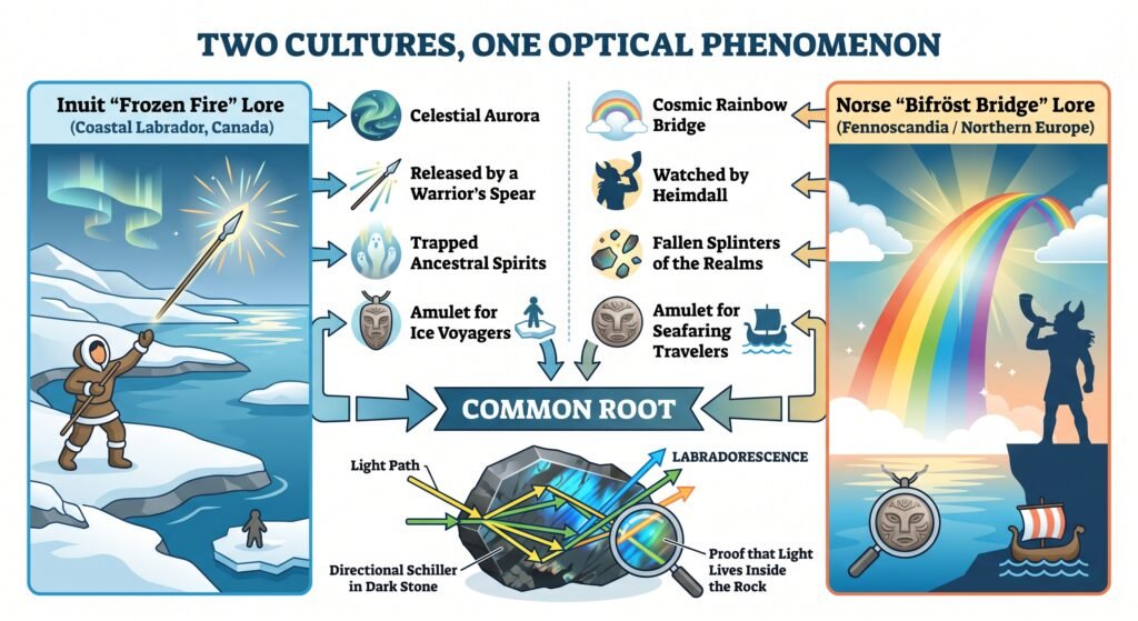 Cultural mythology of labradorescence inuit frozen fire vs Norse bifröst bridge infographic sians emporium Infographic comparing inuit frozen fire lore featuring a warrior releasing lights with a spear and norse bifröst bridge lore showing heimdall and a cosmic rainbow Both traditions are linked to a common geological root labradorescence the directional schiller in dark stone