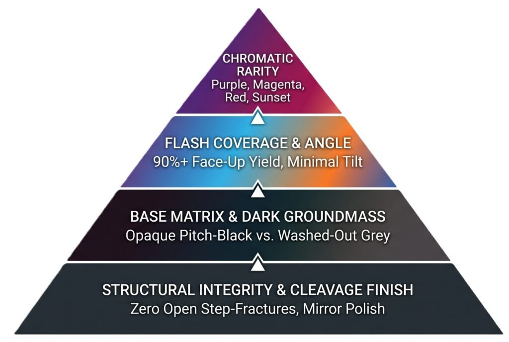 Four tier labradorite price guide valuation pyramid ranking structural integrity dark base matrix face up flash coverage and chromatic rarity