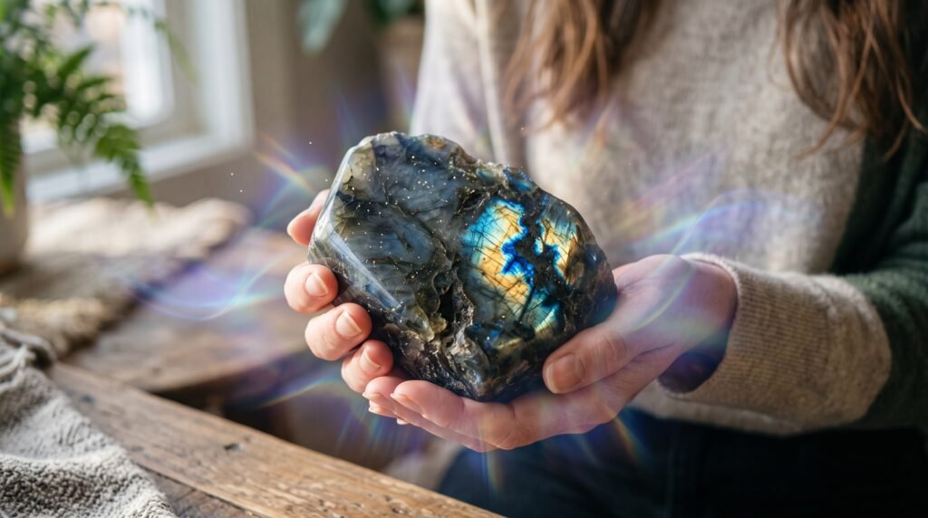Hands cradling a glowing natural labradorite crystal showing iridescent blue and gold flashes with subtle ethereal light waves symbolizing aura healing and psychic protection