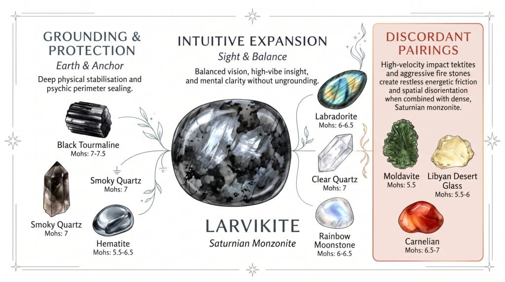 Scientific crystal pairing spectrum chart illustrating optimal combinations for larvikite including black tourmaline and labradorite alongside discordant pairings like moldavite