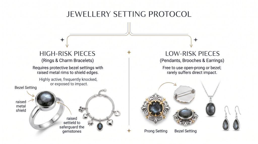 Jewellery setting protocol highrisk vs Lowrisk setting guide sians emporium Larvikite jewellery setting protocol' categorized by risk. On the left, 'High-Risk Pieces' (Rings & Charm Bracelets) featuring a photo-realistic silver ring with a protective bezel setting, raised metal shield, and a silver charm bracelet with dark gemstones. On the right, 'Low-Risk Pieces' (Pendants, Brooches & Earrings) featuring ornate dark-gemstone jewelry like a prong-set brooch with exposed claws, a bezel-set brooch, its pin back, a drop pendant, and earrings. Solid white background with elegant charcoal and gold divider lines.