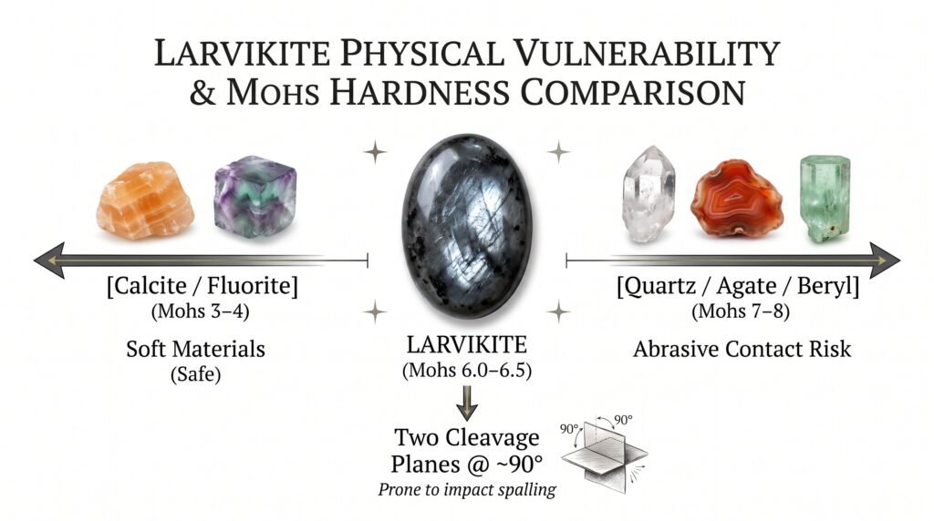 An educational infographic flowchart on a solid white background comparing the physical vulnerability and mohs hardness of larvikite mohs 6 06 5 to other minerals At the center is a photo realistic oval shaped polished larvikite displaying its characteristic dark charcoal grey and shimmering silvery blue schiller labeled'LARVIKITE (Mohs 6.0–6.5)', with an arrow pointing down to the text 'Two Cleavage Planes @ ~90°' and 'Prone to impact spalling' alongside a geometric cleavage illustration. Pointing to the left is an arrow labeled '[Calcite / Fluorite] (Mohs 3–4)' with the sub-text 'Soft Materials (Safe)', showing photo-realistic orange calcite and purple-green fluorite specimens. Pointing to the right is an arrow labeled '[Quartz / Agate / Beryl] (Mohs 7–8)' with the sub-text 'Abrasive Contact Risk', showing photo-realistic clear quartz, red-banded agate, and green beryl specimens.