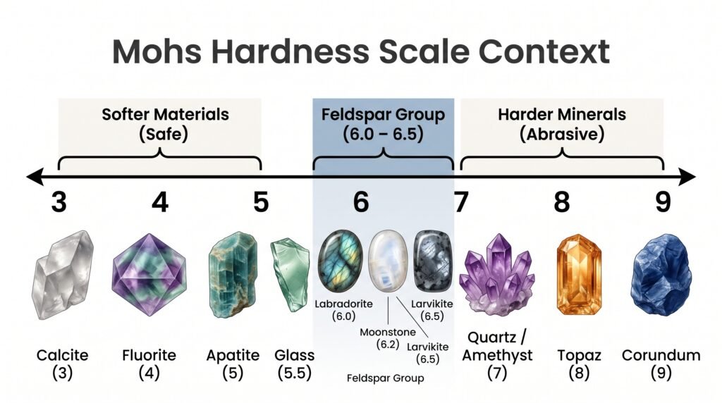 Illustrated scientific scale and chart showing the mohs hardness scale from 3 to 9 comparing softer safe materials on the left with harder abrasive minerals on the right highlighting feldspar 6 0   6 5 in the middle