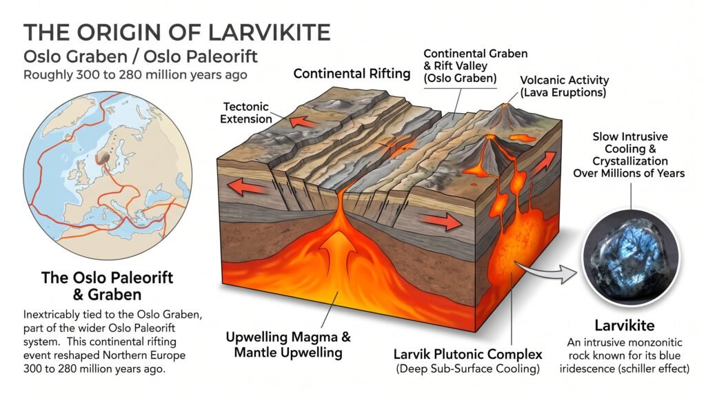 The origin of larvikite and the oslo graben rifting process 300280 ma sians emporium Educational geological infographic titled the origin of larvikite on a white background featuring a map of the oslo paleorift in northern europe a 3d cross section of continental rifting and mantle upwelling in the oslo graben 300 to 280 million years ago and a circular inset of a iridescent blue gray larvikite stone