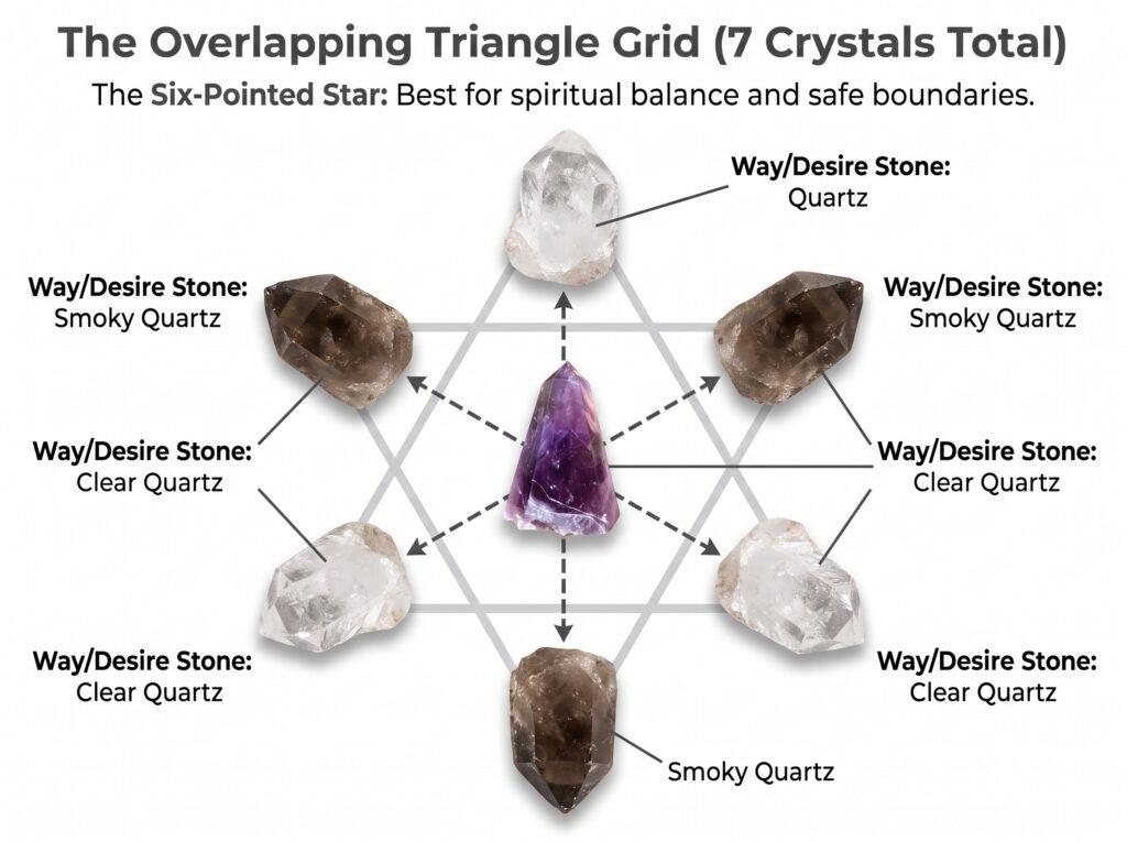 The overlapping triangle sixpointed star grid for spiritual balance sians emporium A photographic diagrammatic chart on a white background illustrating an overlapping triangle six pointed star crystal grid featuring a central amethyst focus stone and alternating smoky quartz and clear quartz point stones