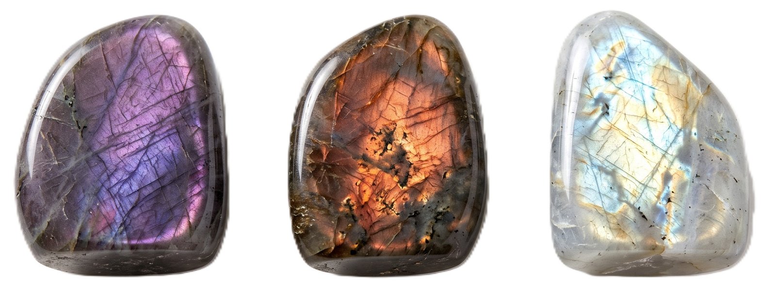 Three polished natural labradorite stonespurple sunset orange and translucent cleararranged in a row showing their iridescence and natural mineral patterns