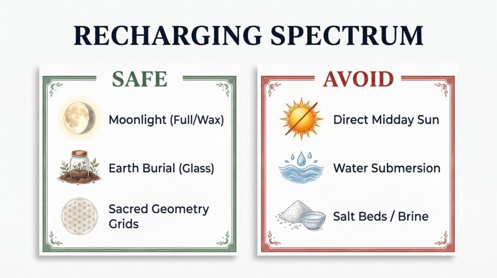 Energy recharging spectrum safe vs avoid methods sians emporium Infographic titled'Recharging Spectrum' comparing safe and avoid methods on a white background. The 'SAFE' green column lists Moonlight (Full/Wax), Earth Burial (Glass), and Sacred Geometry Grids with natural icons. The 'AVOID' red column lists Direct Midday Sun, Water Submersion, and Salt Beds / Brine with warning-style illustrations.