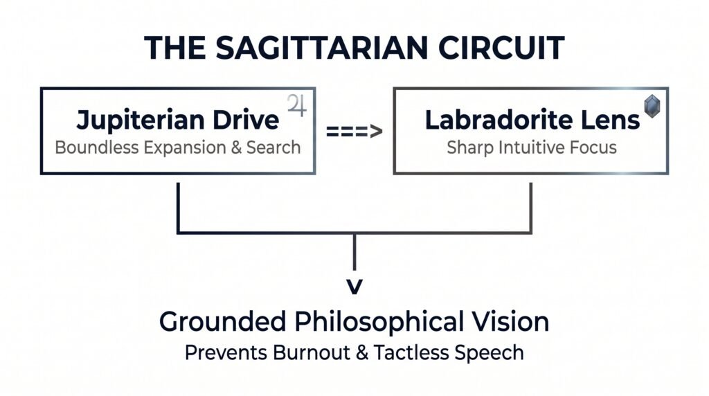 The sagittarian circuit astropsychology flowchart sians emporium An infographic titled the sagittarian circuit on a white background mapping jupiterian drive with boundless expansion search connecting to labradorite lens with sharp intuitive focus leading down to grounded philosophical vision with prevents burnout tactless speech