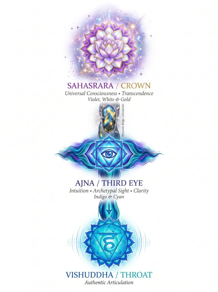 A vertically aligned spiritual infographic on a white background illustrating the top three chakras sahasrara crown with a violet and gold lotus the labradorite prismatic bridge ajna third eye with an indigo and cyan mandala and vishuddha throat with a blue and turquoise mandala