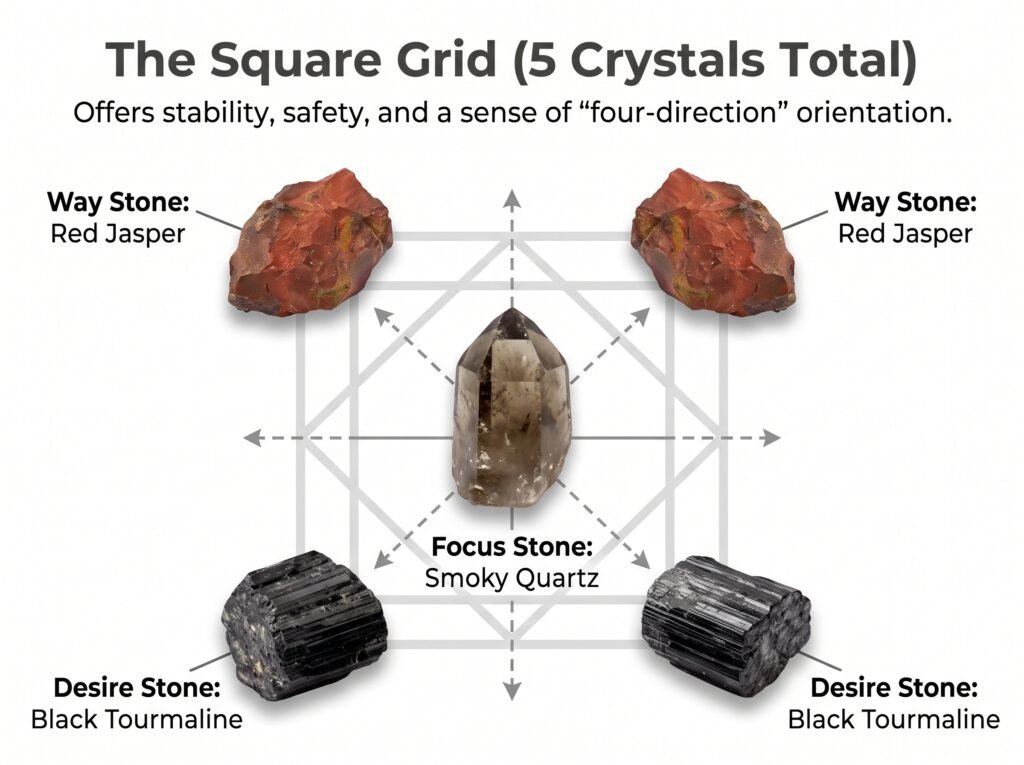 The square grid 5crystal placement for stability safety sians emporium A photographic diagrammatic chart on a white background illustrating a square grid for stability and safety featuring a central smoky quartz focus stone and red jasper and black tourmaline corner stones