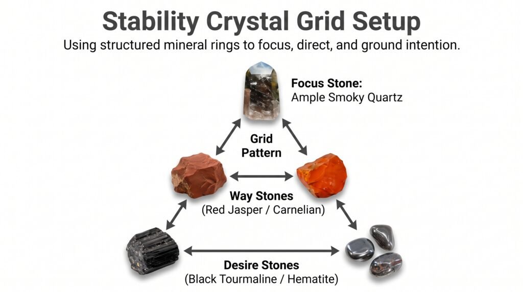 Stability crystal grid setup and stone placement sians emporium A crystal grid setup diagram on a white background showing a triangular layout of natural stones with a smoky quartz focus stone red jasper and carnelian way stones and black tourmaline and haematite desire stones